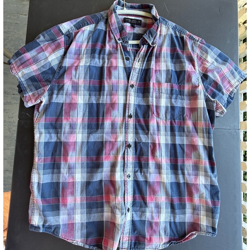 Aeropostale Mens XL Short Sleeve Button Down Plaid Shirt Blue Red 03/2016